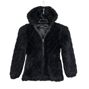 Womens Me Jane Black Faux Fur Hooded Jacket Quilted Design & Full Zip Size XS